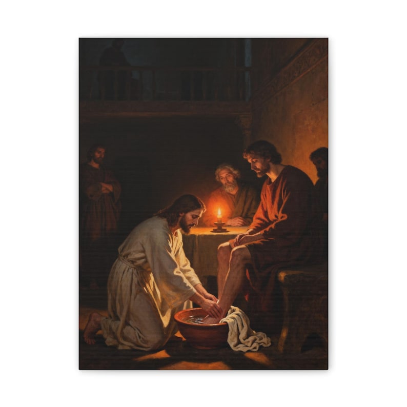 Jesus Washing Feet Canvas Wall Art | John 13:14 Servant Leadership Gift, Foot Washing Painting, Pastor Appreciation image 1