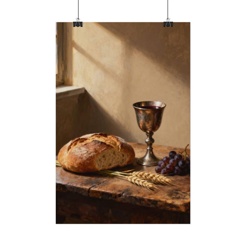 Bread and Cup Poster | Communion Wall Art, John 6:35 Bread of Life Print, First Communion Gift, Christian Kitchen Decor image 2