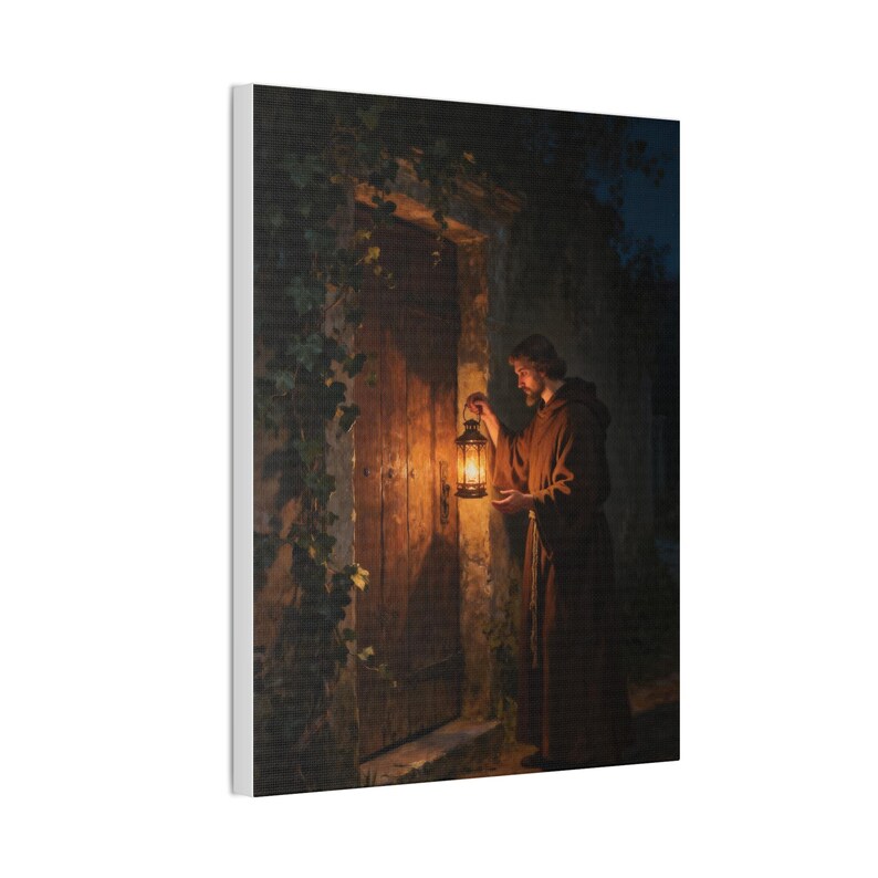 Behold I Stand at the Door Canvas Wall Art | Revelation 3:20, Christian Wall Decor, Lantern Art, Faith Gift for Home image 2