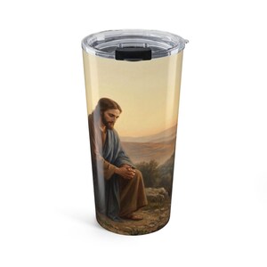 Jesus Praying 20 oz Stainless Steel Tumbler: Christian Wraparound Art image 2