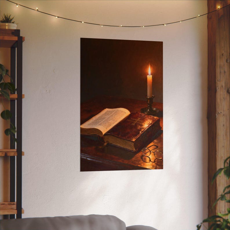 Open Bible Poster | Candlelit Scripture Still Life, Psalm 119:105 Lamp Unto My Feet Wall Art, Bible Study Gift Print image 15
