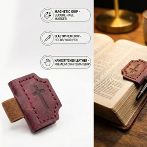 Hand-stitched Leather Bookmark Set, Magnetic Cross Bible Page Markers, Pen Holder image 4
