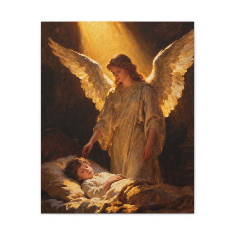 Guardian Angel Canvas Wall Art | Sleeping Child Nursery Decor, Psalm 91:11 Christian Baby Gift, Baptism Keepsake Art afbeelding 9