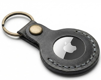 Crazy Horse Leather AirTag Holder Keychain, Slate Grey Brass Snap Case