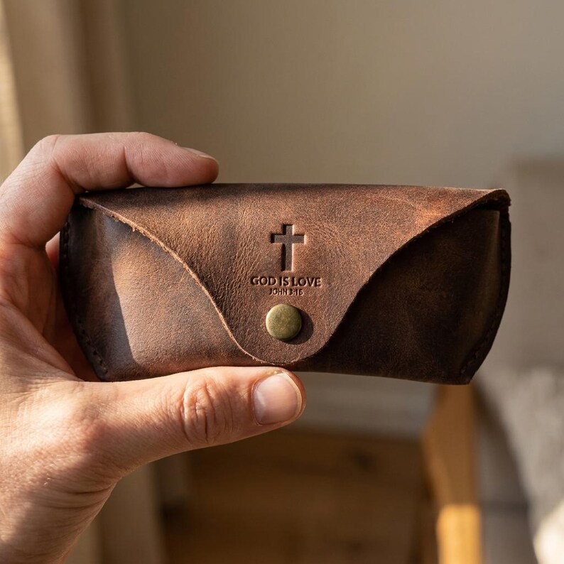 Full-Grain Leather Eyeglass Case — Christian Gift, Genuine Cowhide, Jordan Brown image 2