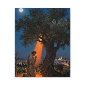 Garden of Gethsemane Canvas Wall Art | Luke 22:41 Jesus Praying at Night, Not My Will Painting, Christian Gift Bild 5