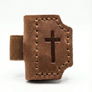Genuine Stitched Leather Bookmark with Pen Holder, Embossed Cross Design