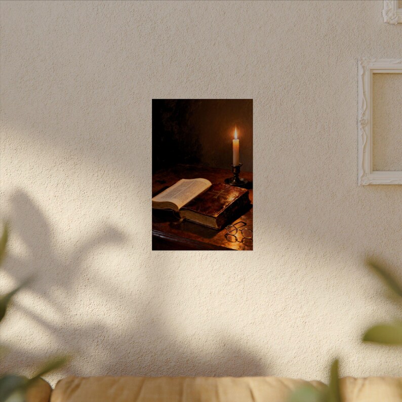 Open Bible Poster | Candlelit Scripture Still Life, Psalm 119:105 Lamp Unto My Feet Wall Art, Bible Study Gift Print image 4