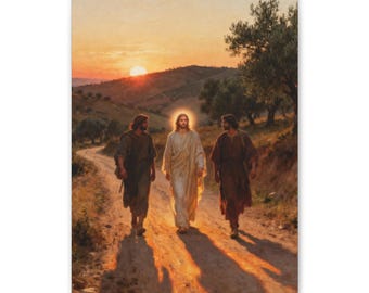 May include: A painting depicting three figures walking along a dirt path at sunset. The central figure wears a long, light-colored robe with a glowing halo, while the two flanking figures wear dark, earth-toned robes in a hilly landscape.
