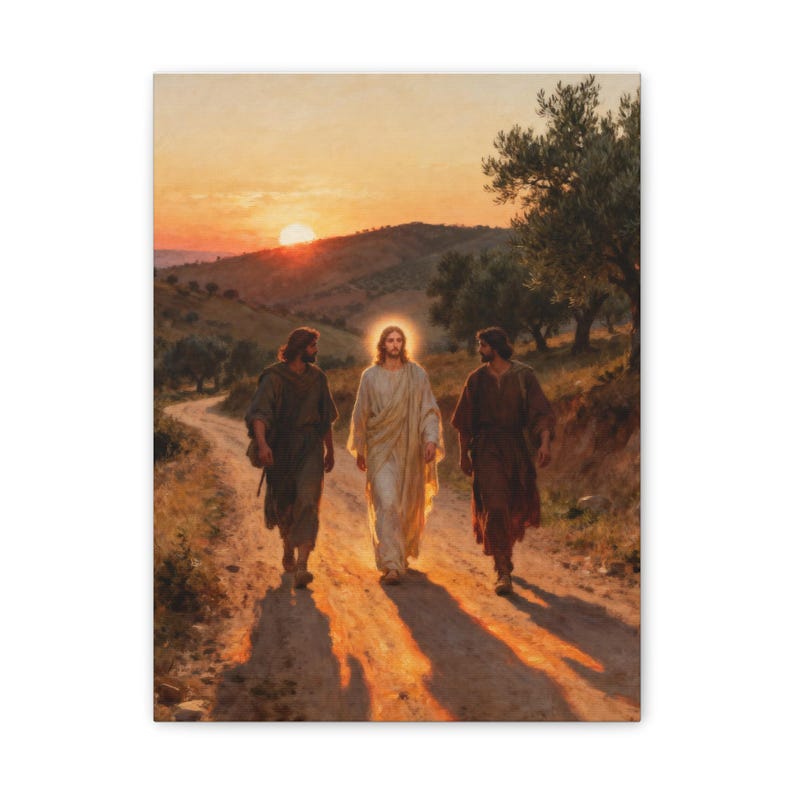 Road to Emmaus Canvas Wall Art | Luke 24:32 Did Not Our Hearts Burn, Christian Journey Painting, Faith Gift zdjęcie 1