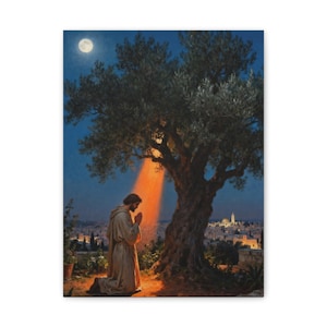 Garden of Gethsemane Canvas Wall Art | Luke 22:41 Jesus Praying at Night, Not My Will Painting, Christian Gift Bild 1