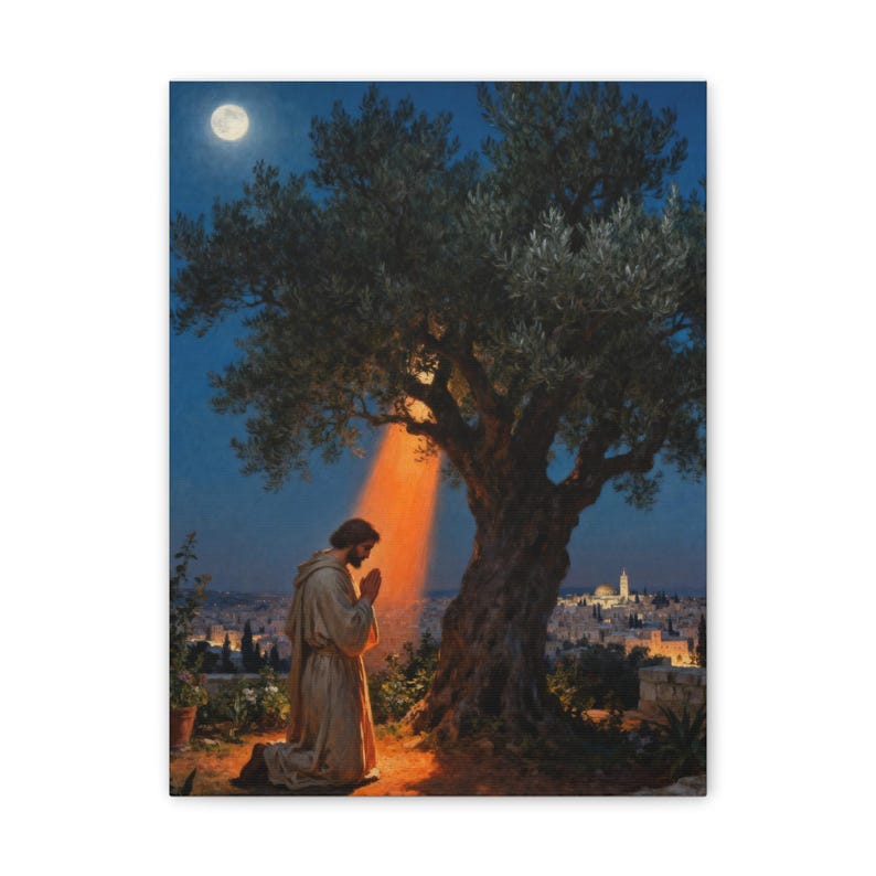 Garden of Gethsemane Canvas Wall Art | Luke 22:41 Jesus Praying at Night, Not My Will Painting, Christian Gift Bild 1