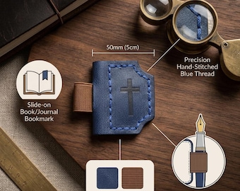 Christian Leather Bookmark, Blue Handstitched Cross Page Marker with Pen Holder, Bible Study Gift