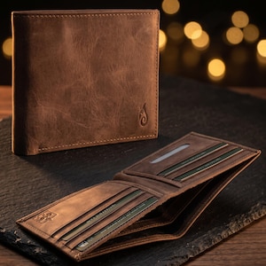 Handmade Full Grain Leather Bifold Wallet, Slim RFID Blocking Card Holder