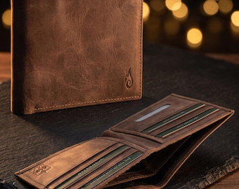 Handmade Full Grain Leather Bifold Wallet, Slim RFID Blocking Card Holder