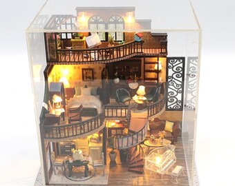 Dream Building Pavilion Dollhouse Kit, DIY Wooden Chinese Pavilion Miniature with LED Light, Tiny House Craft Kit for Adults, Gift