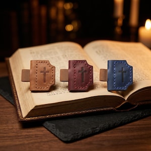 Leather Bookmark Set, 3 Pack Magnetic Pen Holder Page Markers, Handstitched Cross Christian Bible Gifts