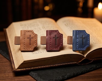 Leather Bookmark Set, 3 Pack Magnetic Pen Holder Page Markers, Handstitched Cross Christian Bible Gifts
