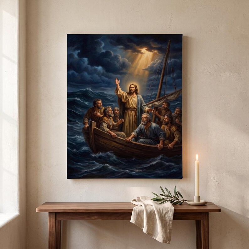 Peace Be Still Canvas Wall Art | Jesus Calming the Storm, Christian Home Decor, Mark 4:39 Bible Art, Faith Gift, Prayer Room image 7
