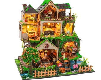 Fairy Tale Forest Dollhouse Kit, Large DIY Wooden Treehouse Miniature with LED Light and Dust Cover, Craft Kit for Adults, Gift