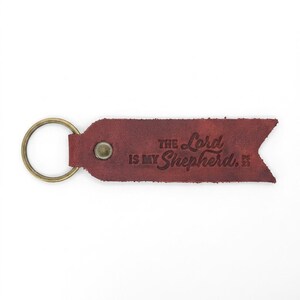 The Lord Is My Shepherd Leather Flat Keychain — Christian Gift, Full-Grain Cowhide, Pentecost Red image 2