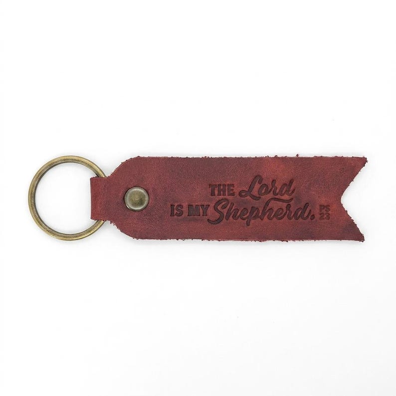The Lord Is My Shepherd Leather Flat Keychain — Christian Gift, Full-Grain Cowhide, Pentecost Red image 2