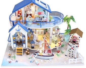Legend of the Blue Sea Dollhouse Kit, DIY Wooden Ocean Miniature House with LED Light, Tiny House Craft Kit for Adults, Gift Idea