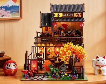 Wawei Sushi House Miniature Kit, DIY Wooden Japanese Dollhouse with LED Light, Sushi Restaurant Tiny Room Craft Kit for Adults