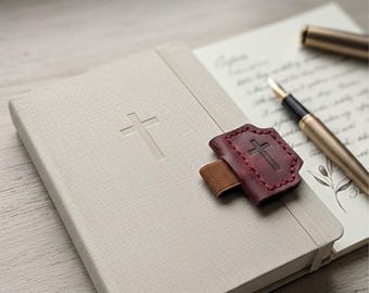 Handstitched Leather Christian Bookmarks with Pen Holder, Bible Study Page Markers