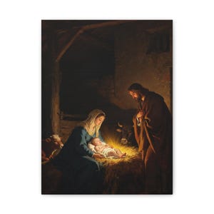 Nativity Canvas Wall Art | Holy Family Manger Scene, Christmas Christian Decor, Luke 2:7 Nativity Painting, Faith Gift image 1