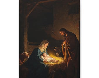 Nativity Canvas Wall Art | Holy Family Manger Scene, Christmas Christian Decor, Luke 2:7 Nativity Painting, Faith Gift