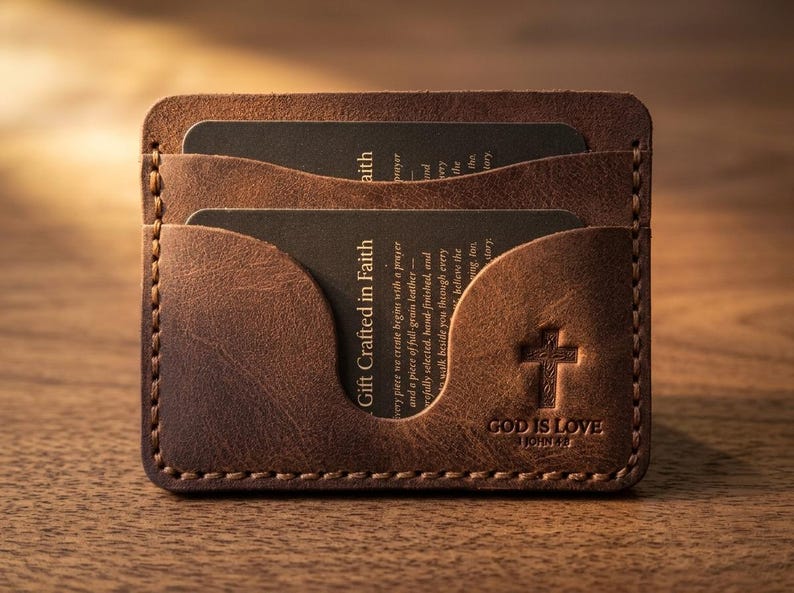 God Is Love Leather Card Holder Wallet — Christian Gift, Full-Grain Cowhide, Jordan Brown bild 1
