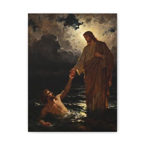 Walking on Water Canvas Wall Art | Jesus and Peter, Christian Wall Decor, Matthew 14:29 Faith Over Fear Art, Faith Gift image 1