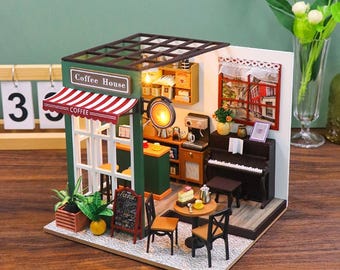 Coffee House Miniature Kit, DIY Wooden Cafe Dollhouse with LED Light, Coffee Shop Tiny Room Craft Kit for Adults, Coffee Lover Gift