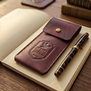 Be Still and Know Leather Pen Sleeve Case — Christian Gift, Full-Grain Cowhide, Pentecost Red image 1