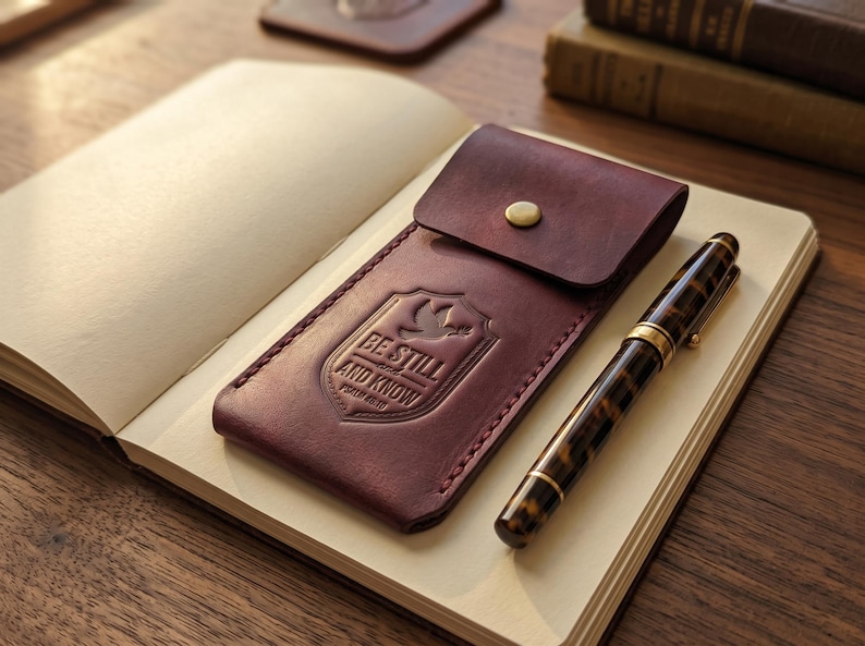 Be Still and Know Leather Pen Sleeve Case — Christian Gift, Full-Grain Cowhide, Pentecost Red image 1