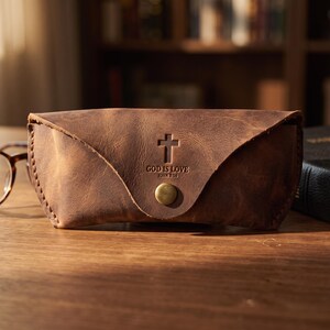 Full-Grain Leather Eyeglass Case — Christian Gift, Genuine Cowhide, Jordan Brown image 1