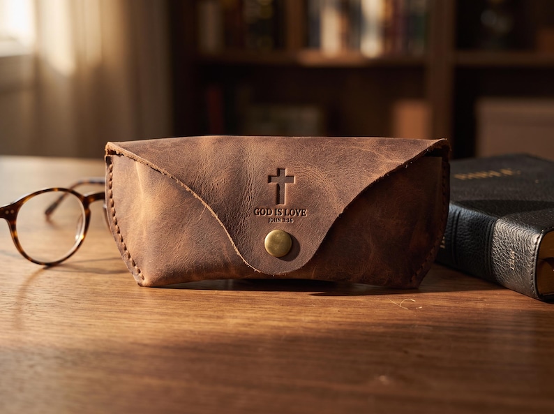 Full-Grain Leather Eyeglass Case — Christian Gift, Genuine Cowhide, Jordan Brown image 1