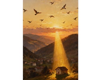 May include: An oil painting depicting a small house in a valley at sunset. A bright beam of golden light shines down from the clouds onto the house. Numerous birds are flying in the orange and yellow sky above the rolling hills and village.