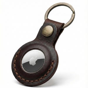 Brown Leather AirTag Keychain Holder, Crazy Horse Key Ring, Hand-Stitched Snap Closure