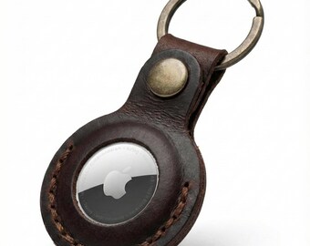 Brown Leather AirTag Keychain Holder, Crazy Horse Key Ring, Hand-Stitched Snap Closure