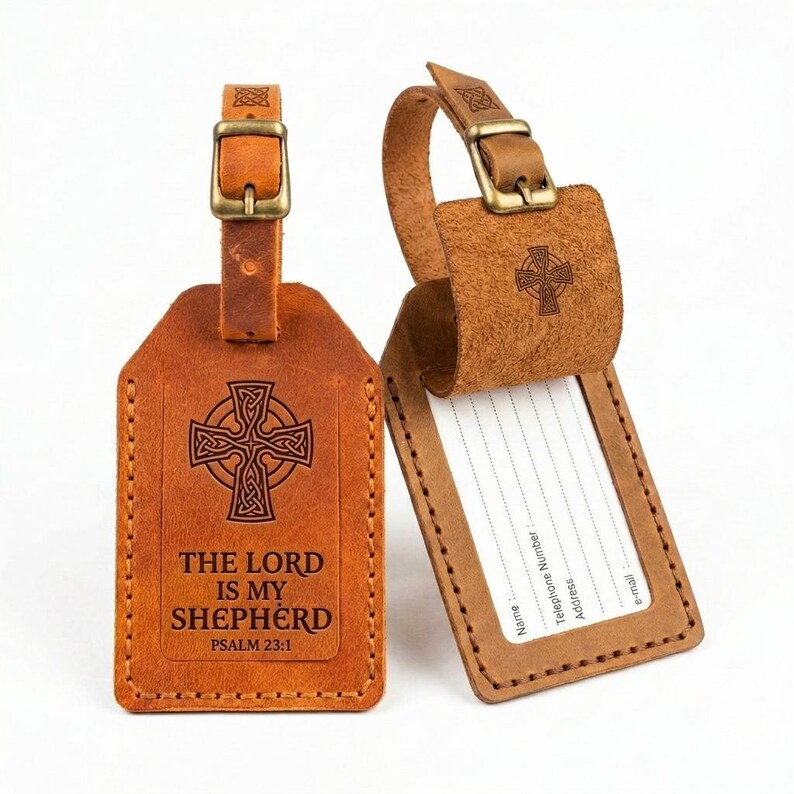 The Lord is My Shepherd Leather Luggage Tag — Christian Gift, Full-Grain Cowhide, Jordan Brown image 5
