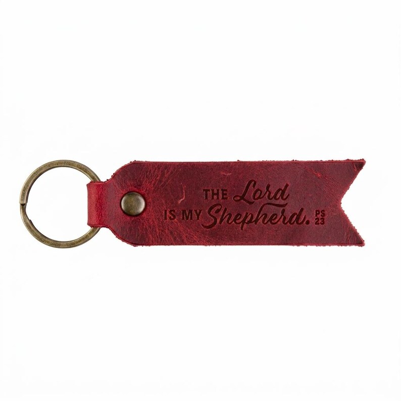 The Lord Is My Shepherd Leather Flat Keychain — Christian Gift, Full-Grain Cowhide, Pentecost Red image 3