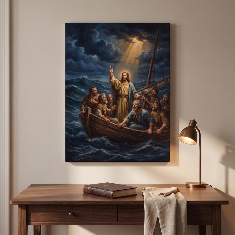 Peace Be Still Canvas Wall Art | Jesus Calming the Storm, Christian Home Decor, Mark 4:39 Bible Art, Faith Gift, Prayer Room image 5