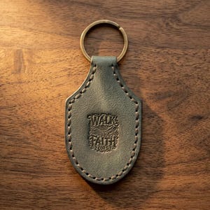 Walk by Faith Leather Stitched Keychain — Christian Gift, Full-Grain Cowhide, Eden Green