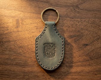 Walk by Faith Leather Stitched Keychain — Christian Gift, Full-Grain Cowhide, Eden Green