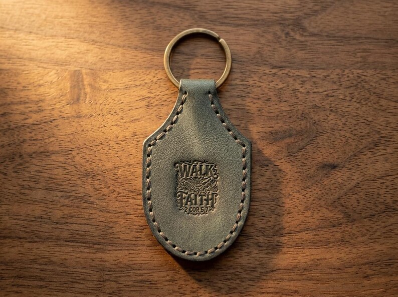 Walk by Faith Leather Stitched Keychain — Christian Gift, Full-Grain Cowhide, Eden Green image 1