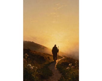 May include: A painting depicting a lone figure in a long robe walking along a winding dirt path at sunset. The person holds a tall wooden staff while moving through a hilly landscape filled with soft golden light and low-hanging mist.