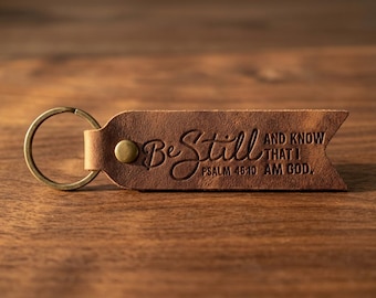 Be Still and Know Leather Flat Keychain — Christian Gift, Full-Grain Cowhide, Jordan Brown