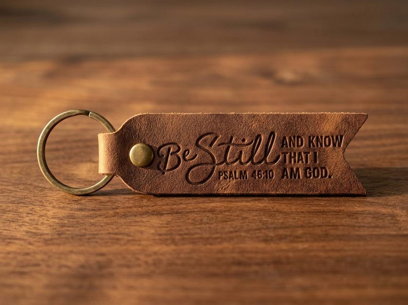 Be Still and Know Leather Flat Keychain — Christian Gift, Full-Grain Cowhide, Jordan Brown image 1